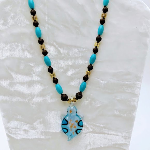 TURTLE*DICHROIC BLUE ART GLASS PENDANT*LAVA STONE*NECKLACE*TRENDY*HANDCRAFTED - Picture 2 of 7